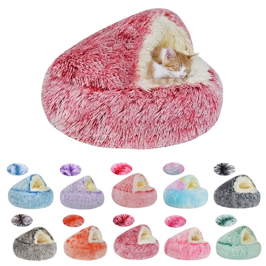 Fluffy Warming Pet Cave Bed - Calming Semi-Closed House for Cats and Dogs, Donut Cuddler Round Pet Bed - Dream Pet Supply Store
